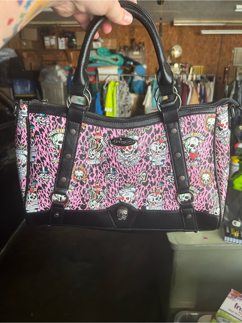 Ed Hardy Pink Skull & Tattoo Print Satchel with Black Trim